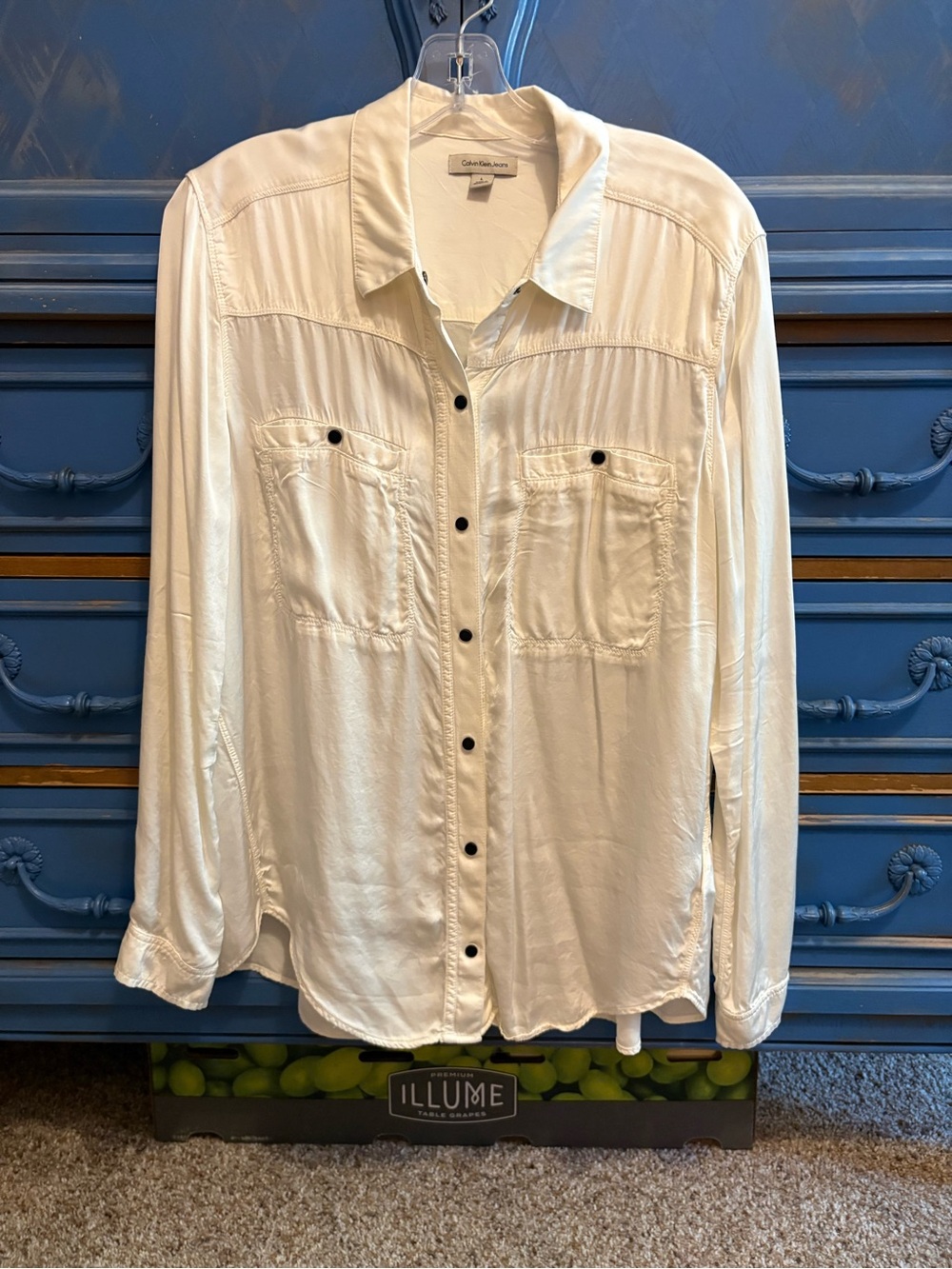 Calvin Klein Jeans Cream Viscous Silk Button-Down Shirt with Dark Buttons